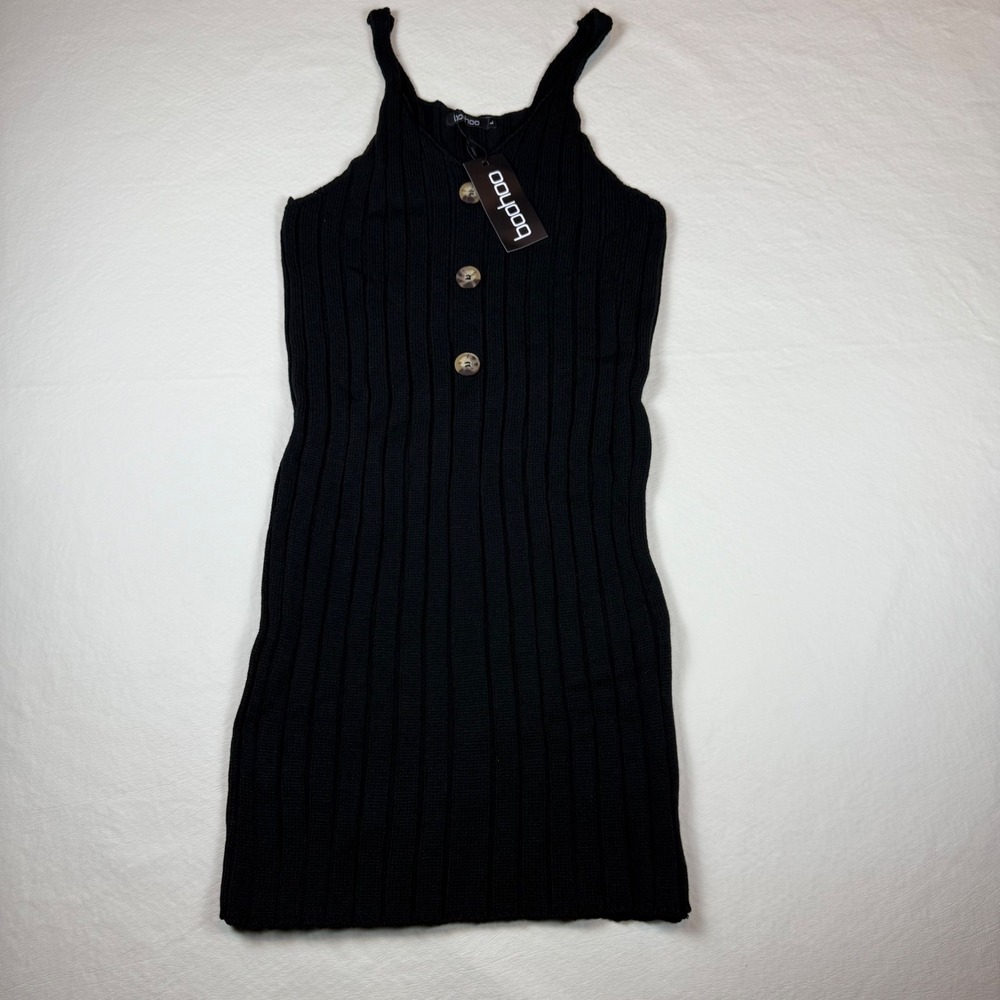 Boohoo Womens Black Ribbed Knit Button Front Mini Dress Size L Bodycon